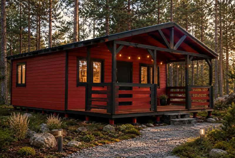 Czerwony domek drewniany z zadaszonym tarasem - realizacja Pan Domek